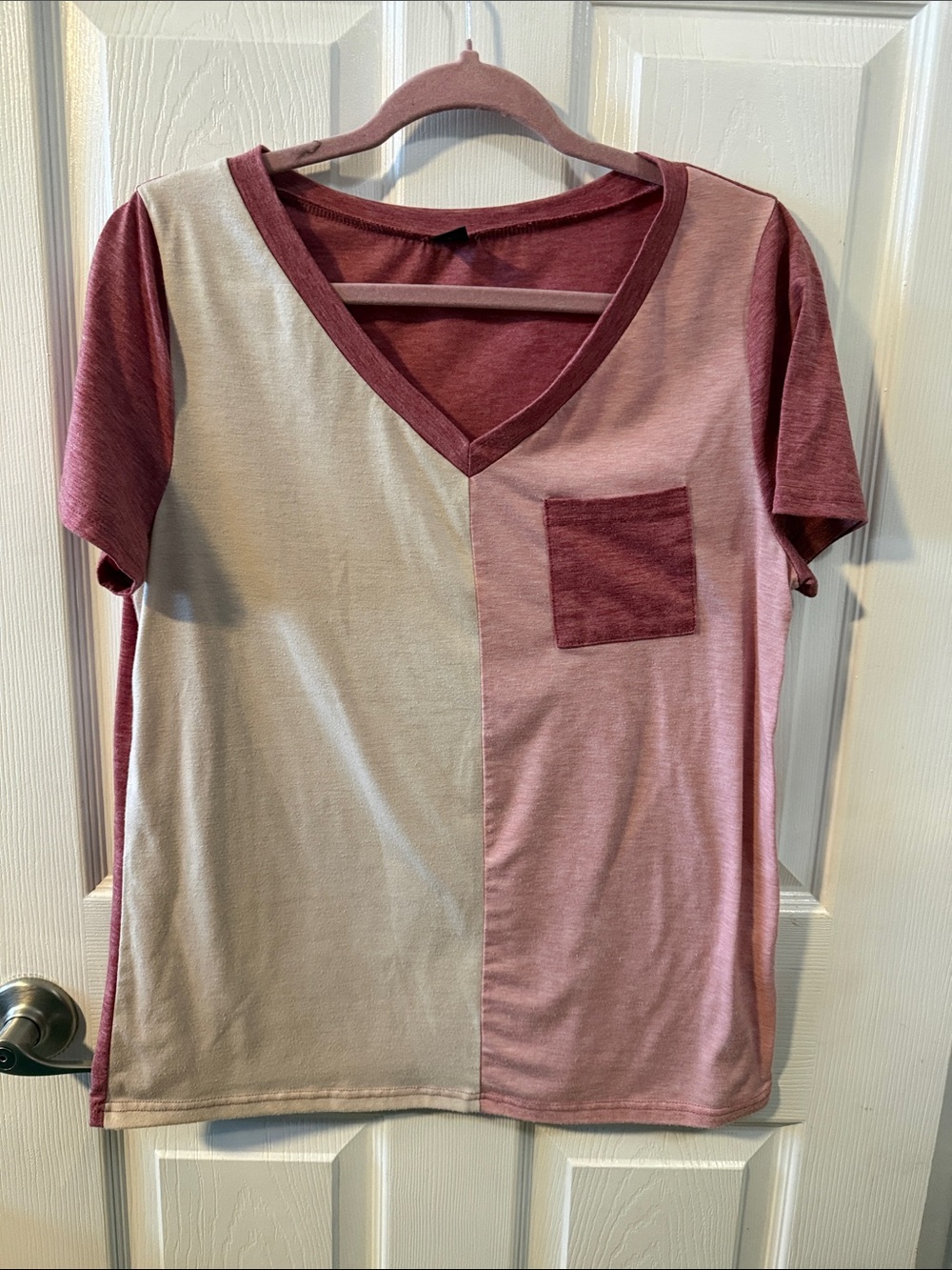 Colorblock V-Neck Short Sleeve Tee - Pink/Cream